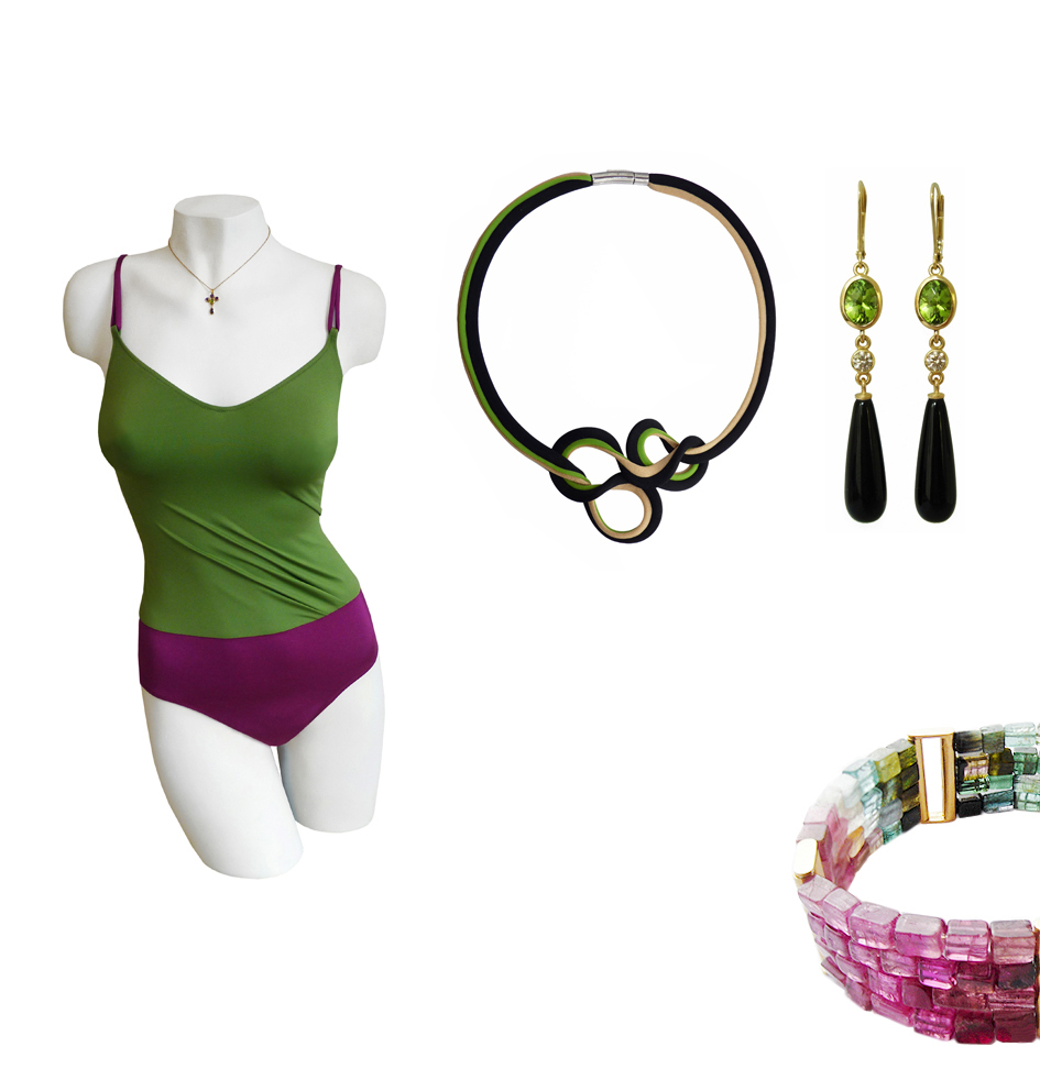 elegant-sportlicher Badeanzug, Farbcollier, Gelbgold, 4-string-Armband, Turmalin im Farbverlauf